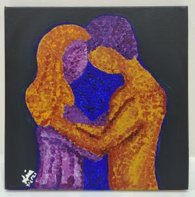 Artwork depicting a man and a woman embracing with their foreheads touching.